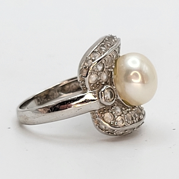 LUC | Sterling Silver Rhinestones Imitation Pearl Ring Size 8.75 - Picture 2 of 12